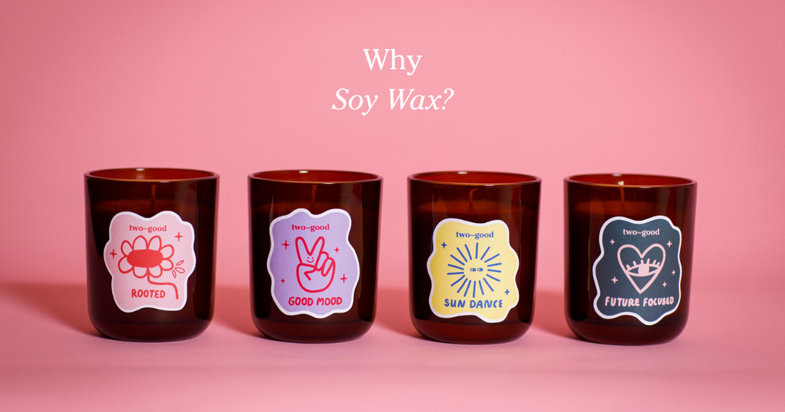 two~good soy wax scented candles with colourful packaging