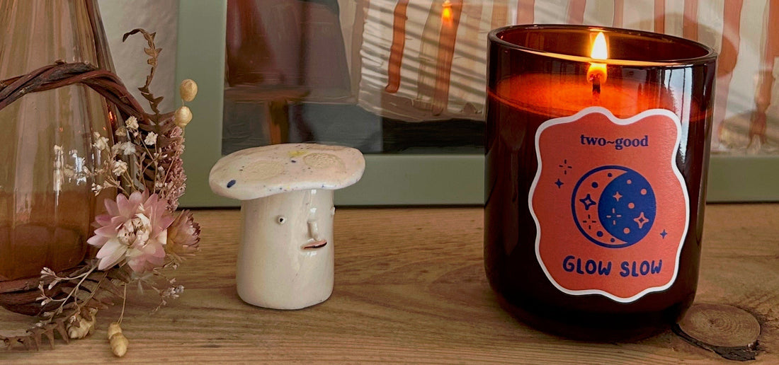 Glow Slow autumn scented candle by two~good with cosy autumn styling, citrus, clove and woods