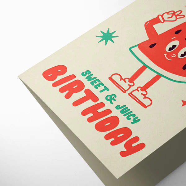 Birthday card with watermelon design and text on a beige background