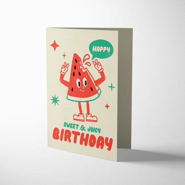 Birthday card with a cartoon watermelon character on a white background