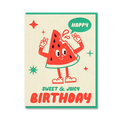 Birthday card with a cartoon watermelon character on a beige background