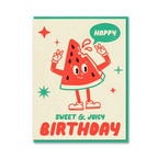 Birthday card with a cartoon watermelon character on a beige background