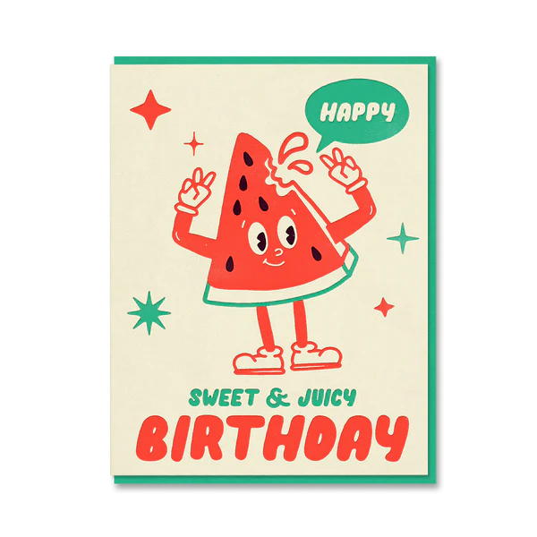Birthday card with a cartoon watermelon character on a beige background