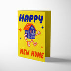 Greeting card with a cartoon house character and 'Happy New Home' text on a yellow background
