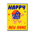 Cartoon house character with 'Happy New Home' text on a yellow background