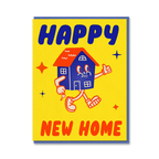 Cartoon house character with 'Happy New Home' text on a yellow background