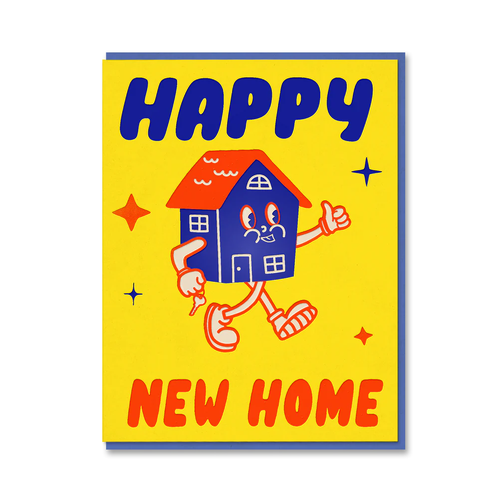 Cartoon house character with 'Happy New Home' text on a yellow background
