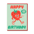 Birthday card with a cartoon strawberry character on a light green background