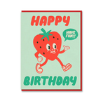 Birthday card with a cartoon strawberry character on a light green background