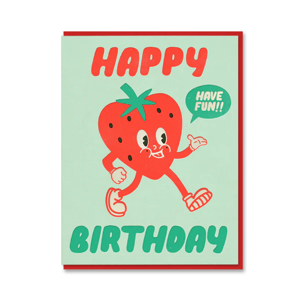 Birthday card with a cartoon strawberry character on a light green background