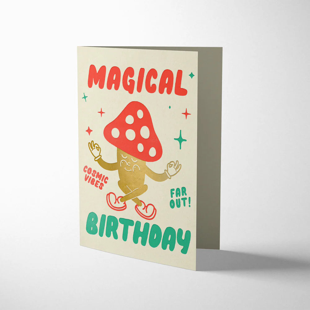 Greeting card with a mushroom design and 'Magical Birthday' text on a white background