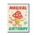 Birthday card with a mushroom character and colorful text on a beige background