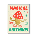 Birthday card with a mushroom character and colorful text on a beige background