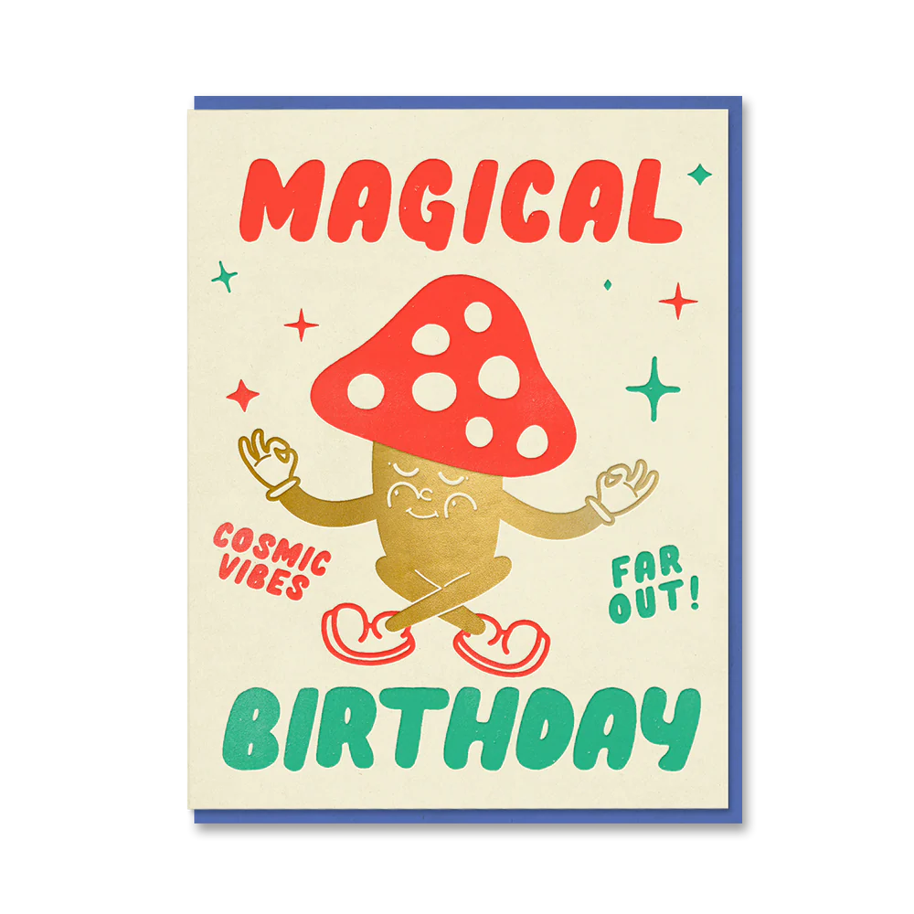 Birthday card with a mushroom character and colorful text on a beige background