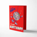 Red birthday card with a colorful disco ball character and text on a white background
