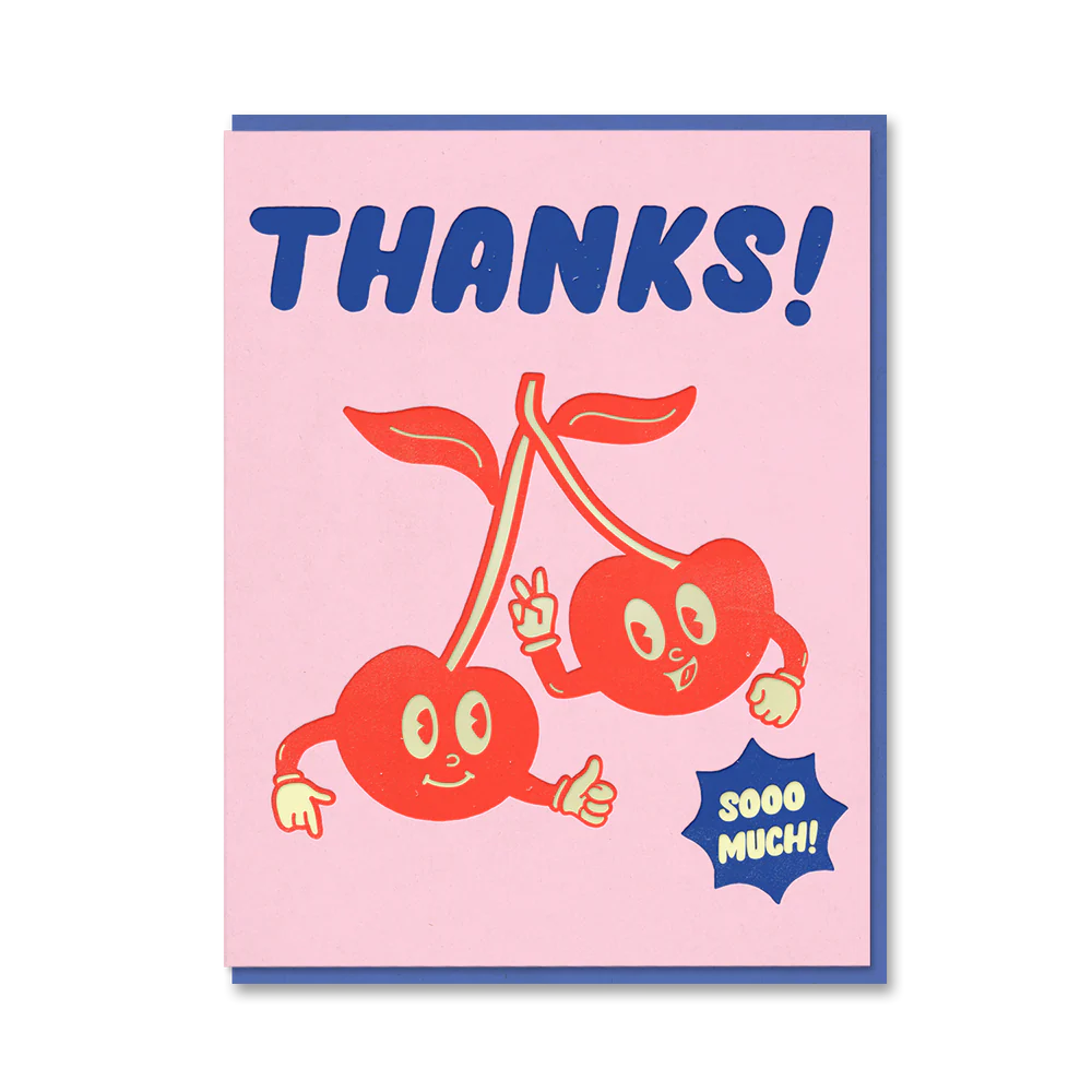 Cartoon cherries with 'THANKS! SOOO MUCH!' text on a pink background