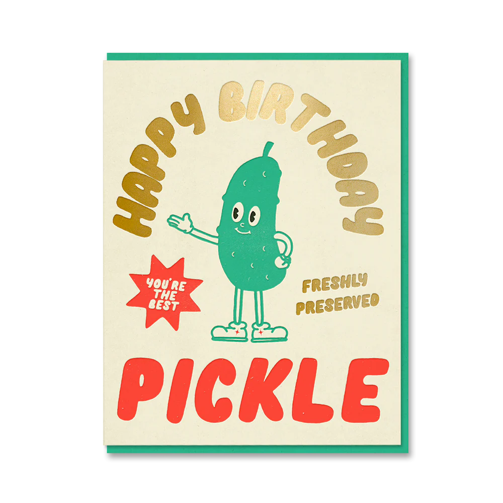 Birthday card with a pickle illustration and text on a beige background