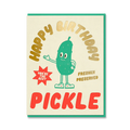 Birthday card with a pickle illustration and text on a beige background