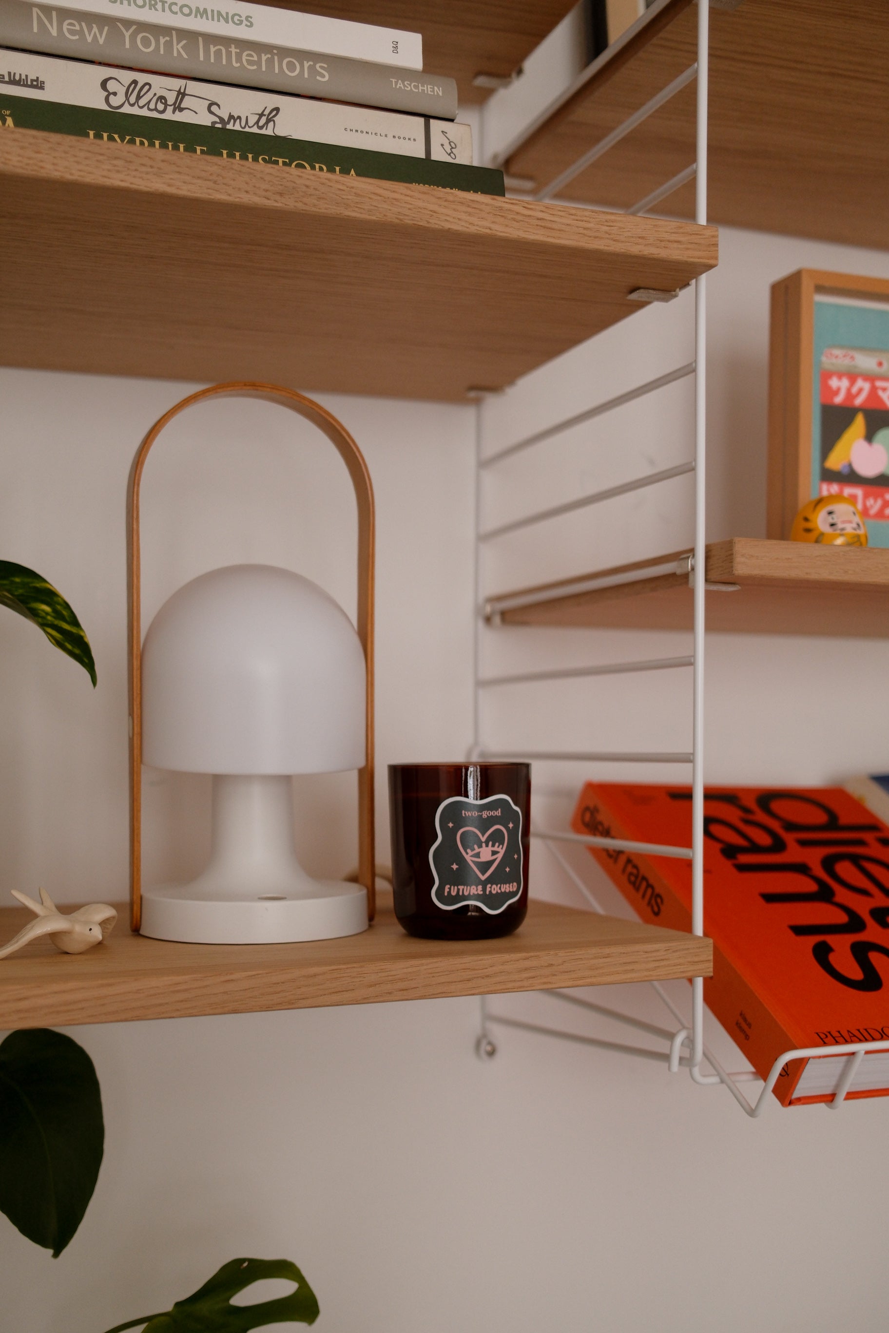 Future Focused woody scented candle styled on a home shelf